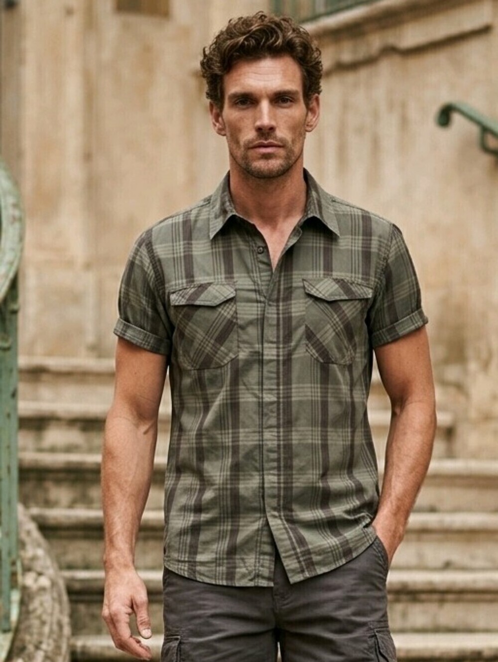 Alpine Design olive green plaid short sleeve shirt Sz L snaps 2 pockets in front